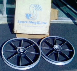 Die cast aluminum wheels for Indian mopeds made by Sport Mag II, Inc. Placentia, California