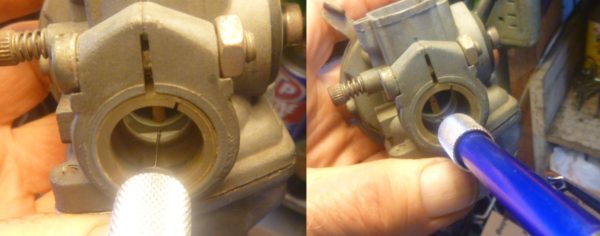 Cleaning a Dellorto idle hole with a tiny #71 drill and a pin vise