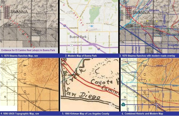 Evidence of El Camino Real (nuevo abajo) through Buena Park and La Mirada