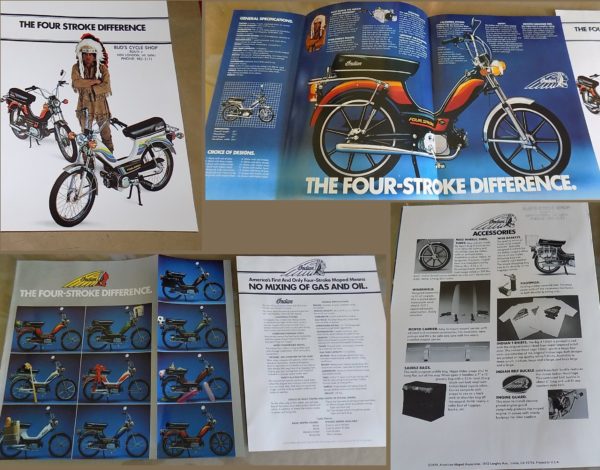 1980 Indian Mopeds ORIGINAL Sales Brochures 2 pcs_10 designs of 4-Stroke models 